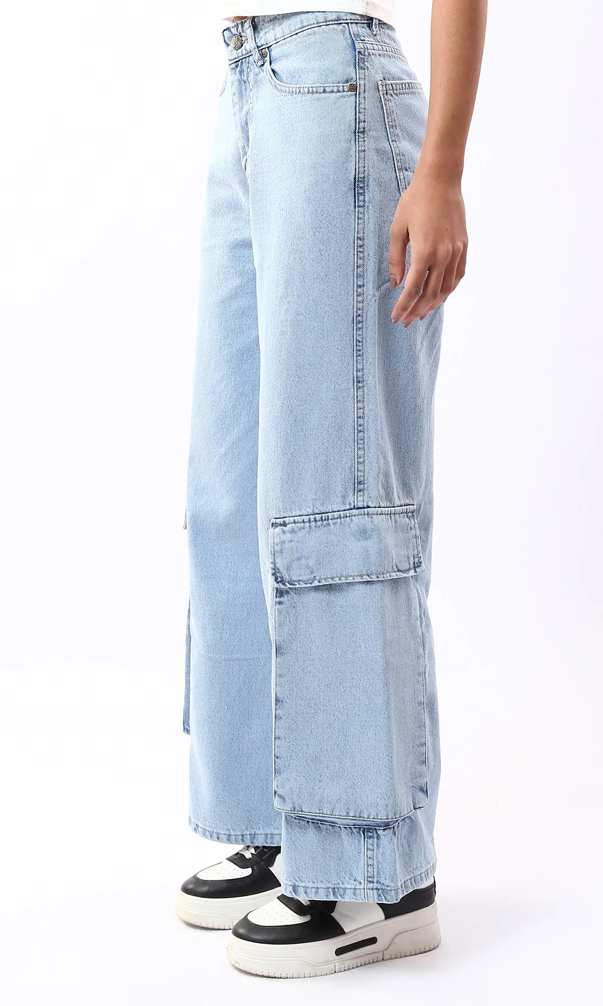 O177959 Light Blue Wide Leg Solid Casual Jeans