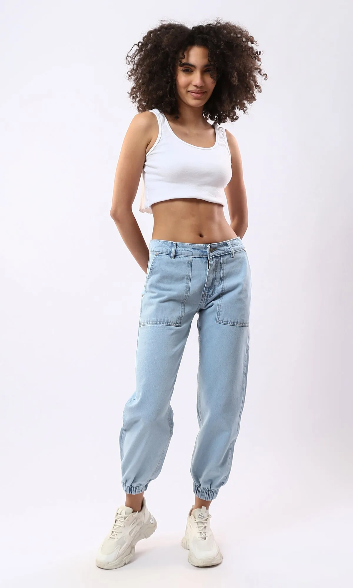 O177963 Comfy Mom-Fit Jeans With Elastic Hem - Stonewash