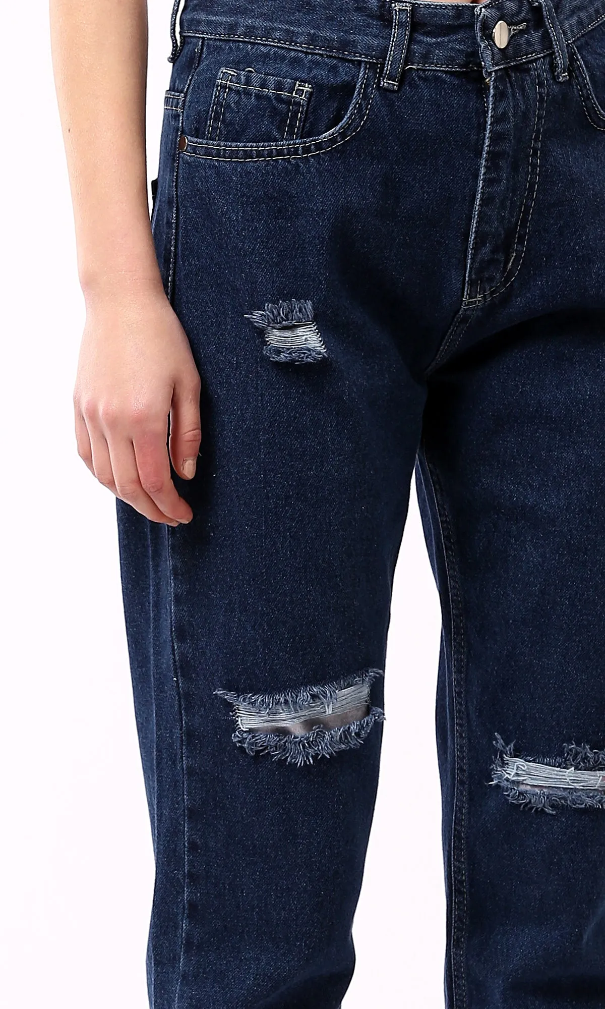 O189374 Navy Blue Mom-Fit Jeans With Front Ripped