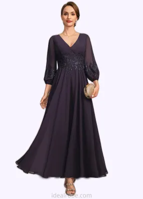 Olive A-line V-Neck Ankle-Length Chiffon Lace Mother of the Bride Dress With Sequins STKP0021655