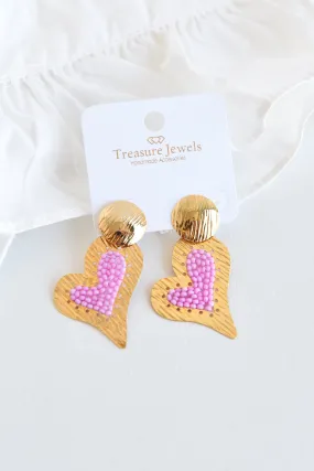 PINK BEADED HEART EARRINGS