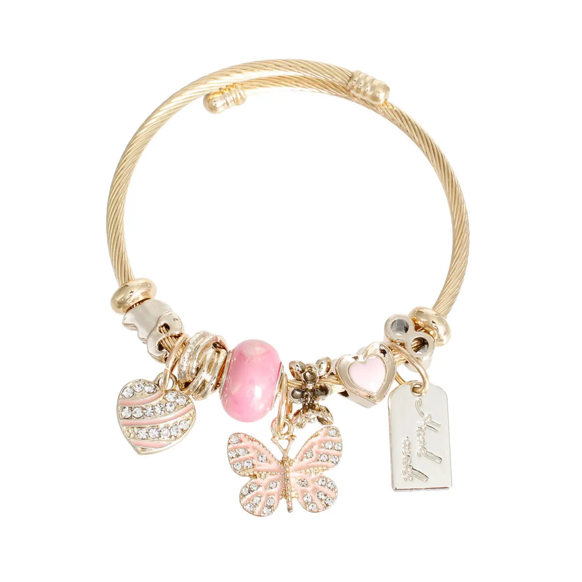 Pink Butterfly Gold Cable Bangle Bracelet