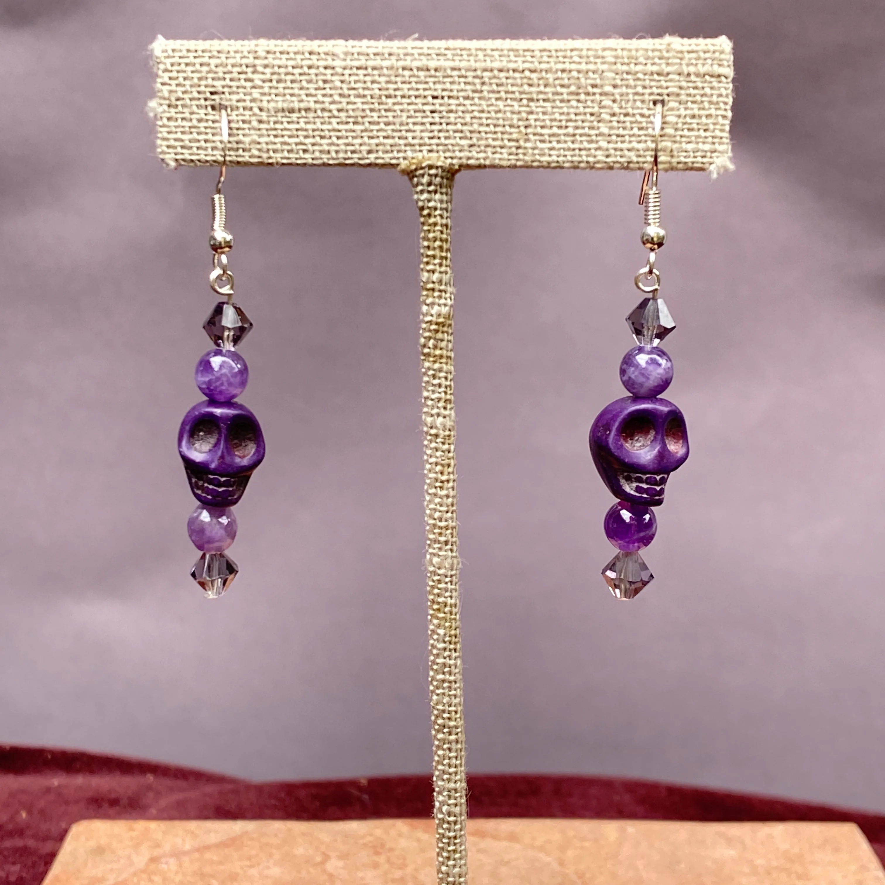 Purple Howlite Skull. Amethyst Gemstones & Swarovski Crystal Earrings