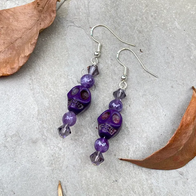 Purple Howlite Skull. Amethyst Gemstones & Swarovski Crystal Earrings