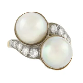 Retro 14kt Gold & Platinum Diamond & Mabe Pearl Ring