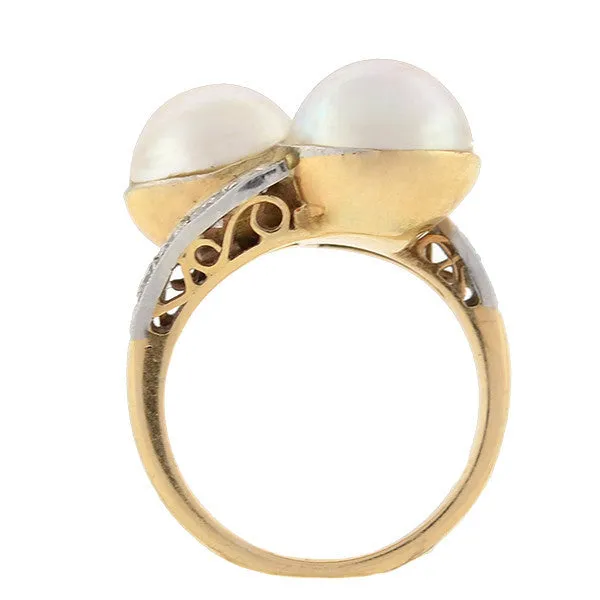 Retro 14kt Gold & Platinum Diamond & Mabe Pearl Ring