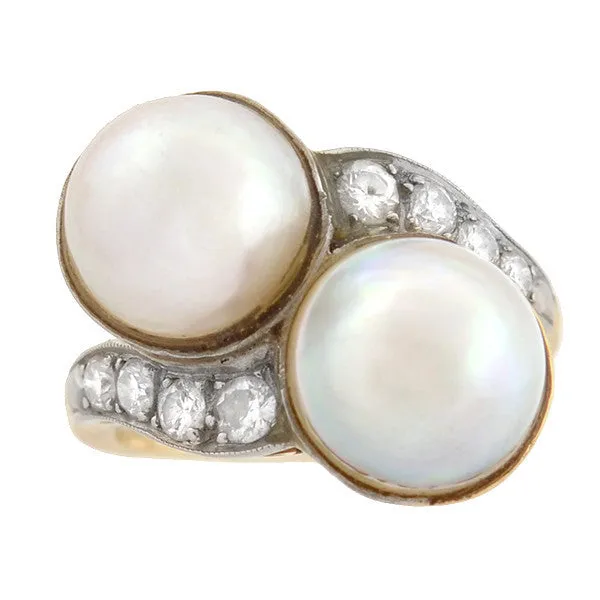 Retro 14kt Gold & Platinum Diamond & Mabe Pearl Ring