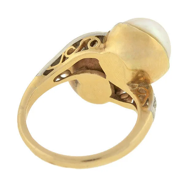 Retro 14kt Gold & Platinum Diamond & Mabe Pearl Ring