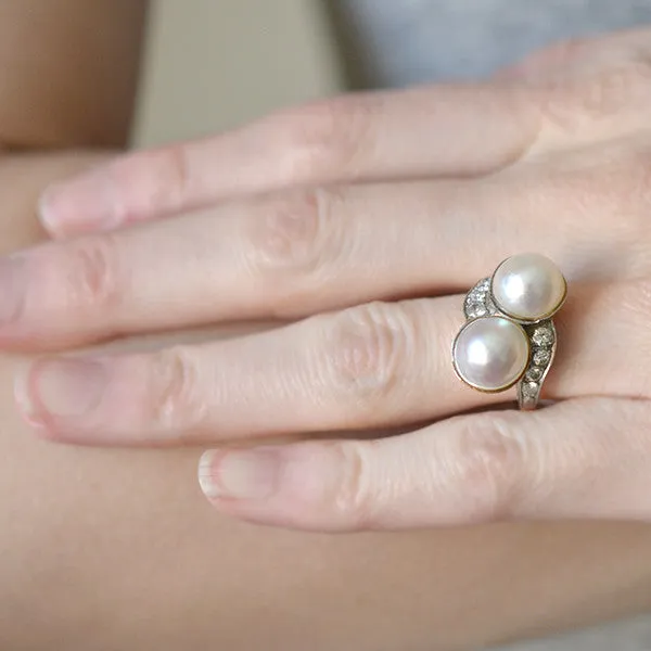 Retro 14kt Gold & Platinum Diamond & Mabe Pearl Ring