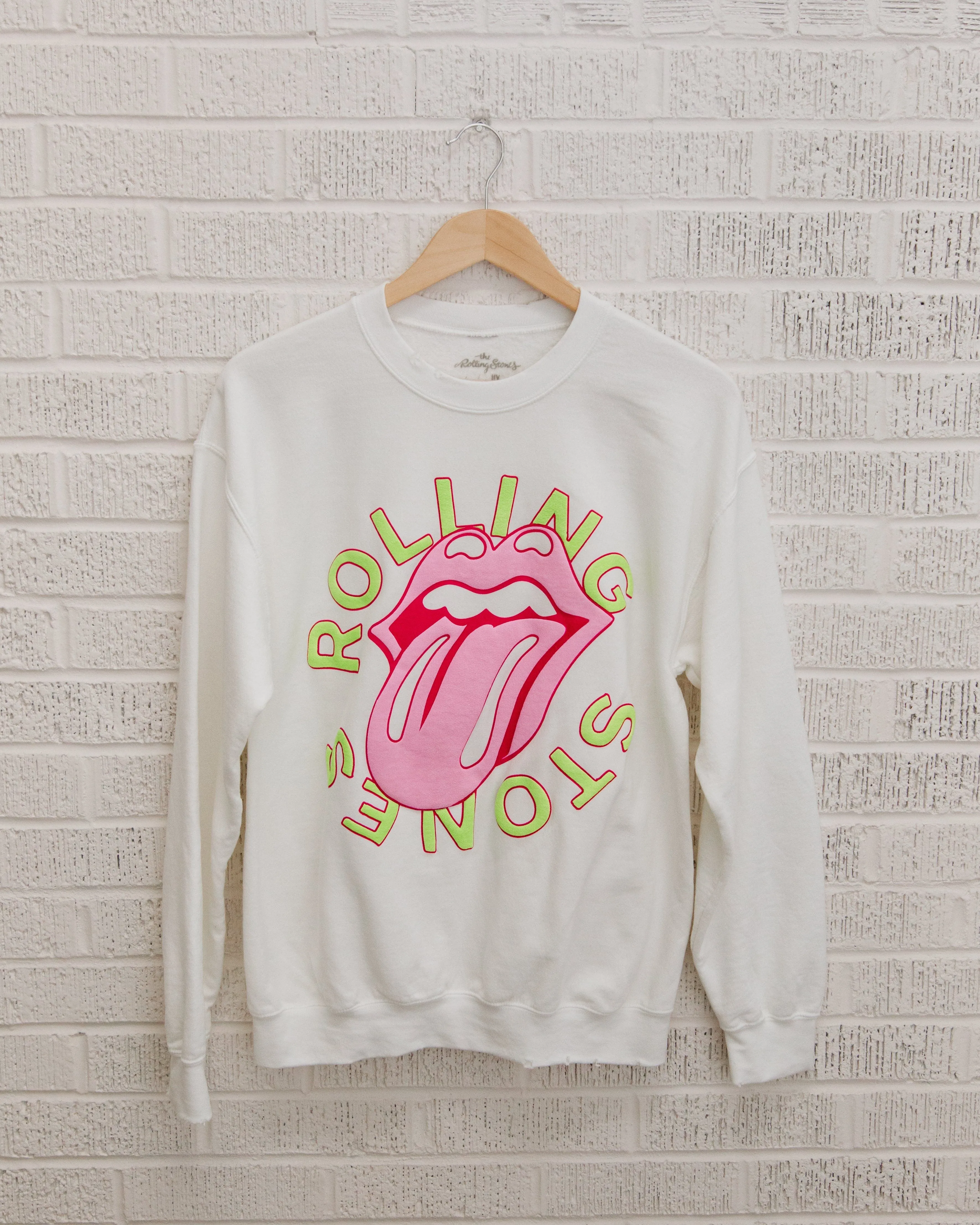 Rolling Stones Neon Puff Classic Lick White Thrifted Sweatshirt