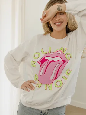 Rolling Stones Neon Puff Classic Lick White Thrifted Sweatshirt