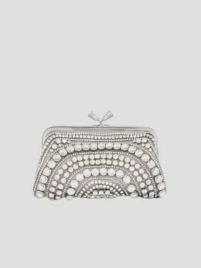 Silver Maud Tassel Clutch in Crystal Embellished Satin