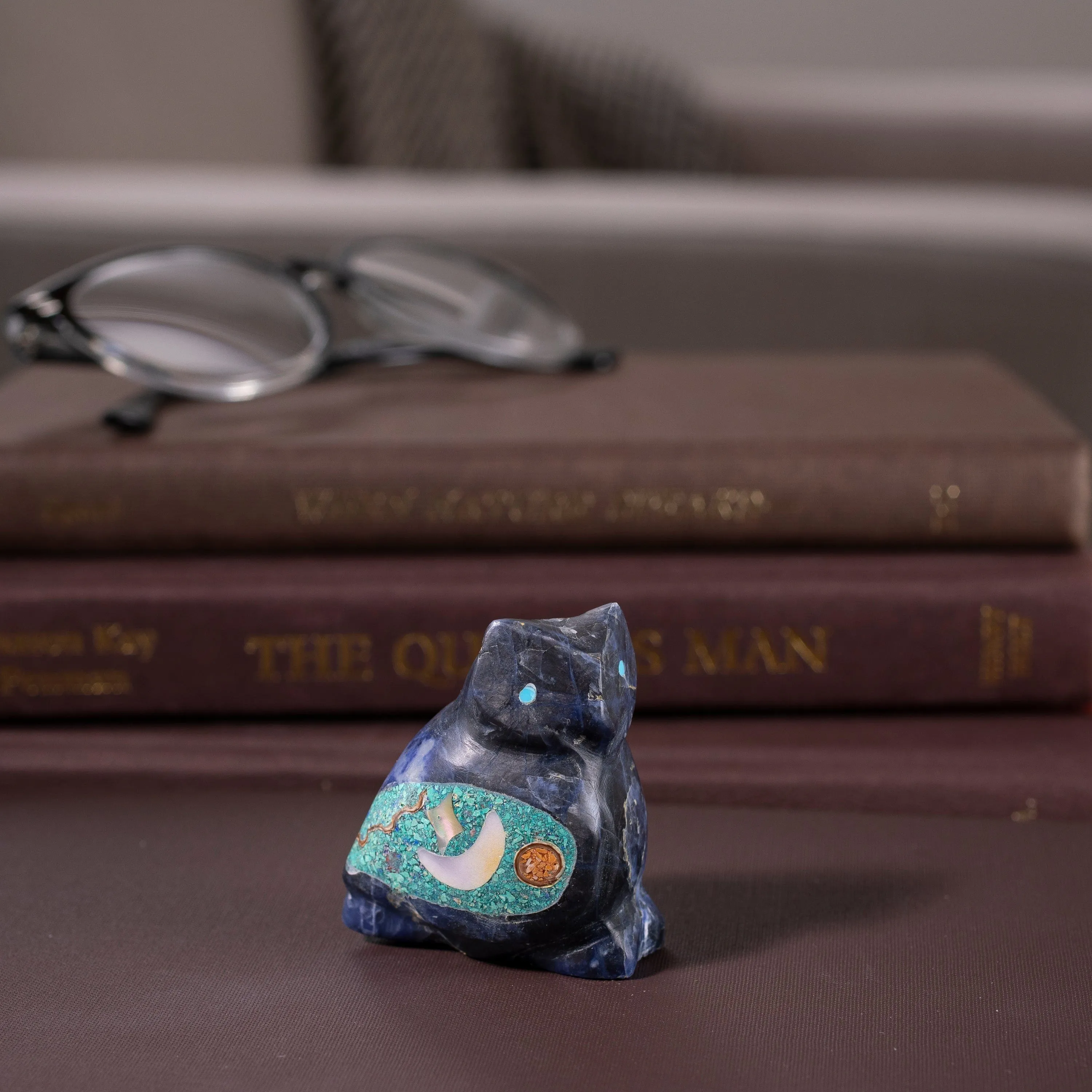 Sodalite with Multi Gemstone Handmade Zuni Fetish Owl Carving