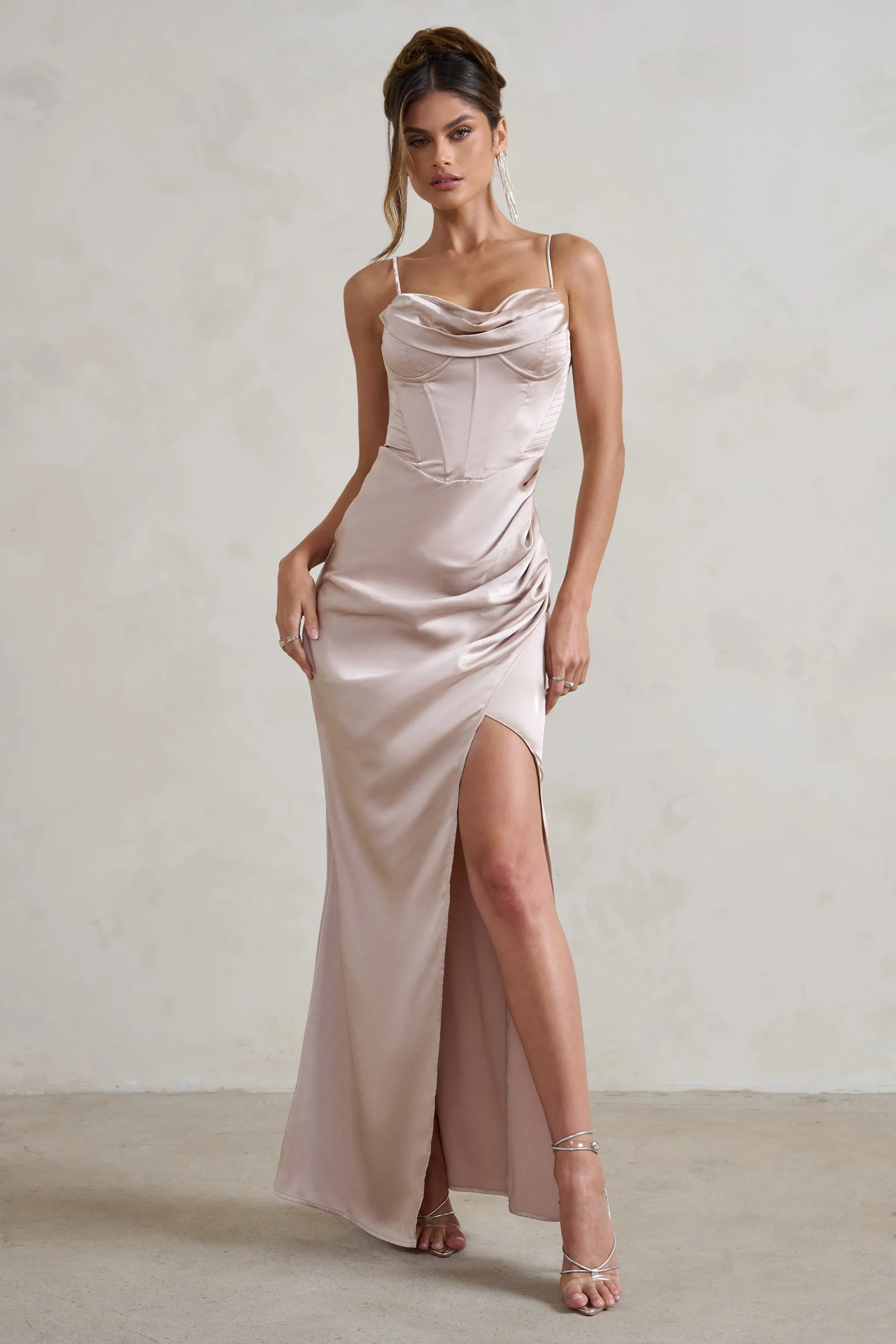 Starlight | Champagne Cowl Corset Satin Wrap Maxi Dress