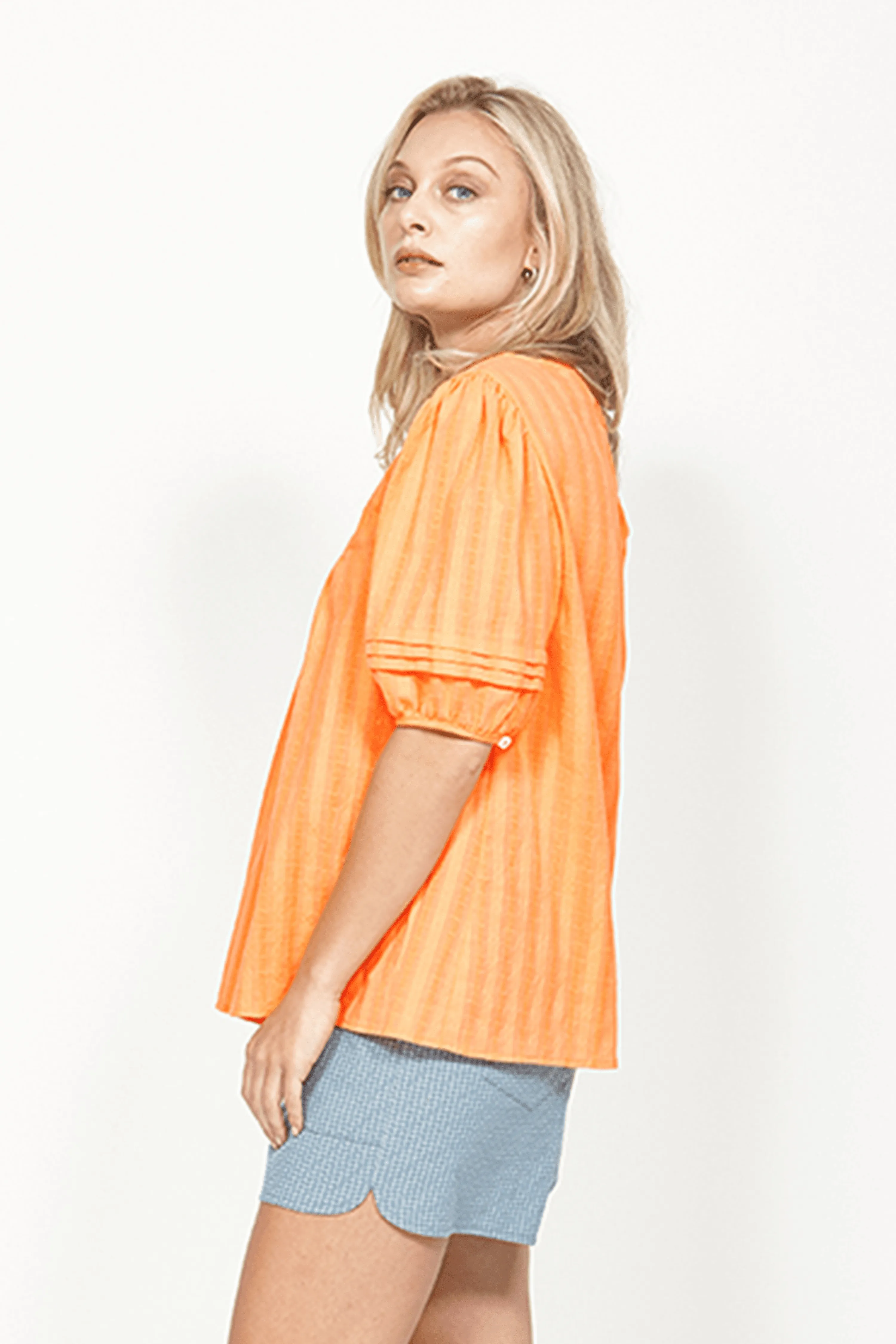 Take A Break Apricot SS Puff Stripe Top