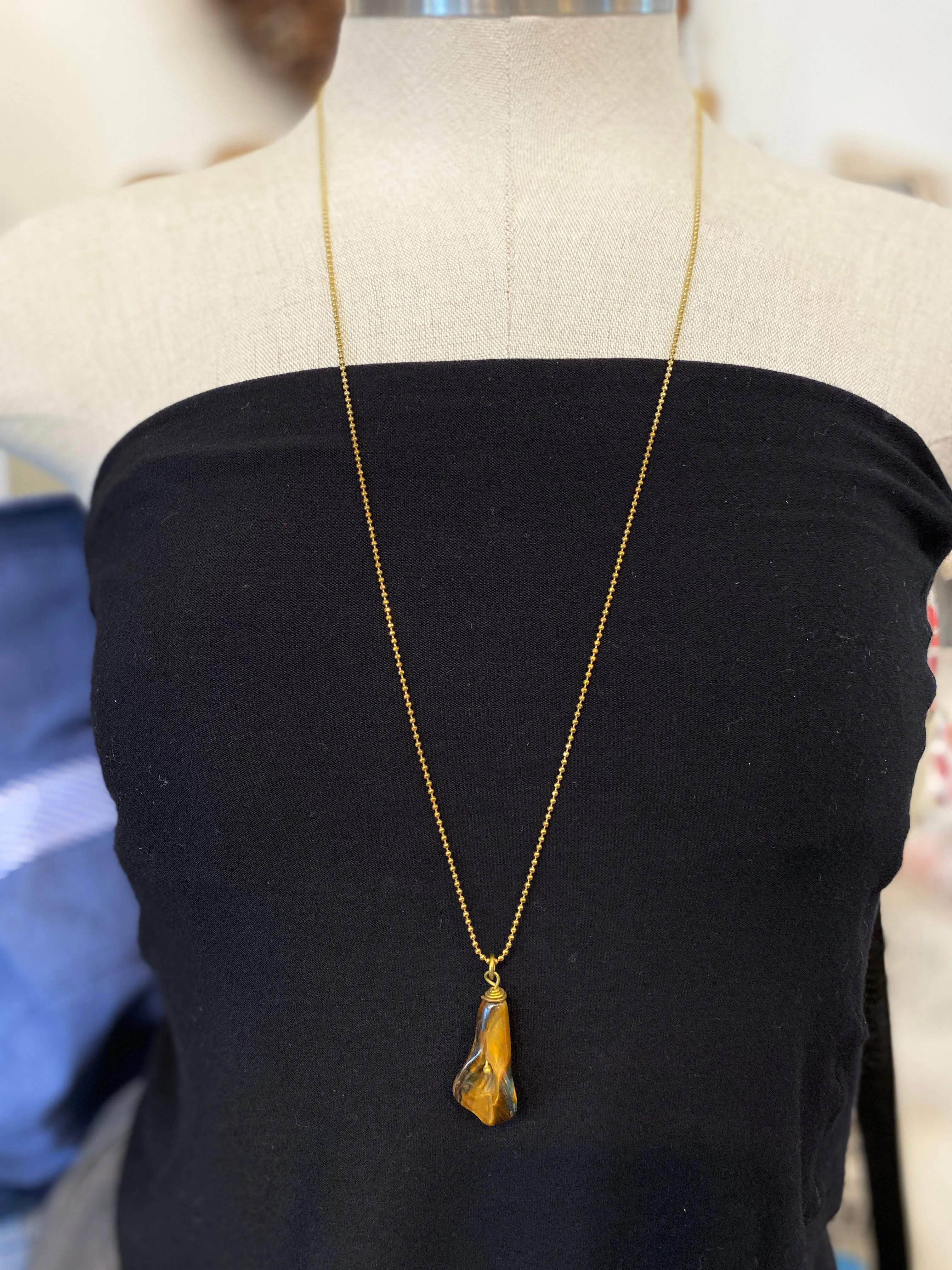 Tiger Eye Flower Charm Long Necklace