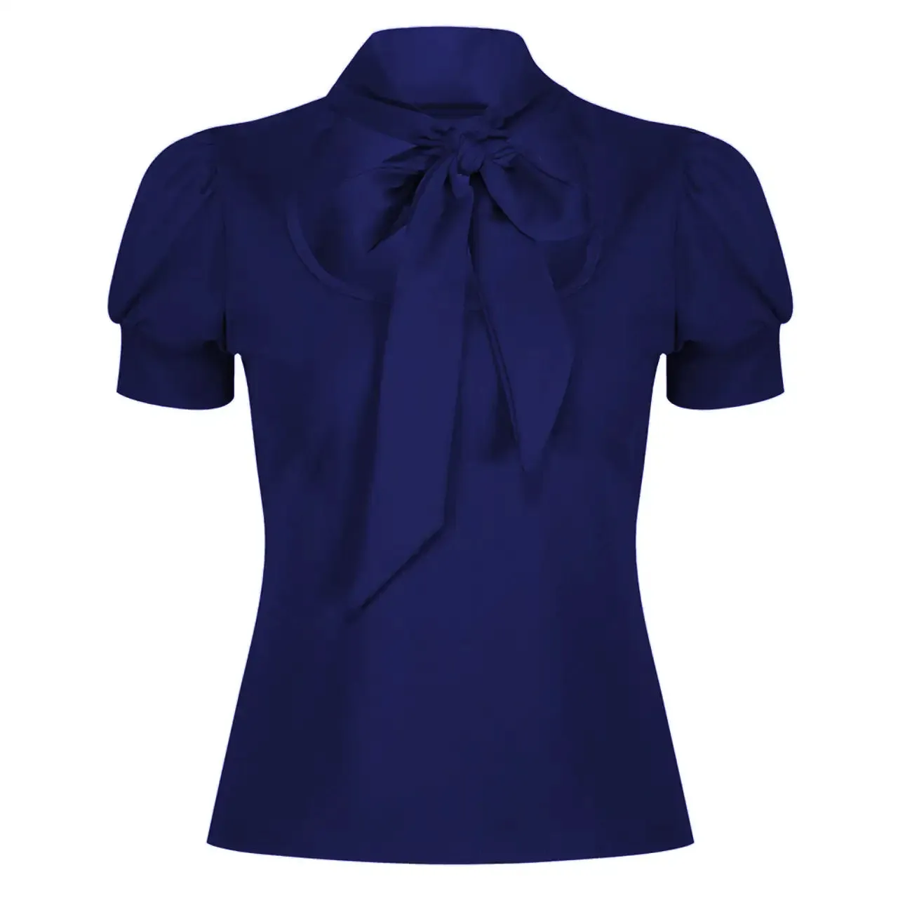 Vintage Navy Blue Puff Sleeve Tie Neck Top