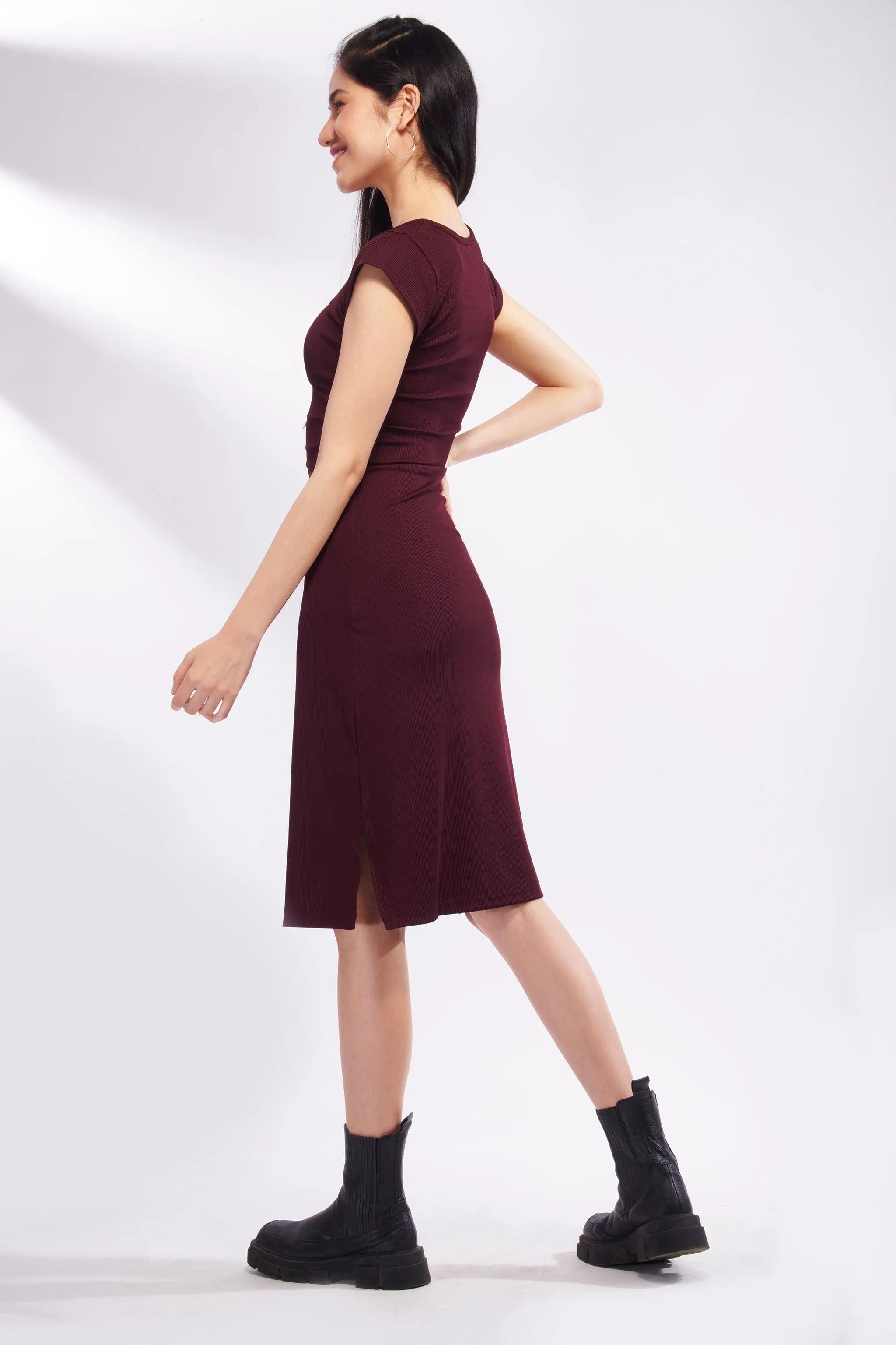 Wine Short Sleeve Midi Dress with Side Slits