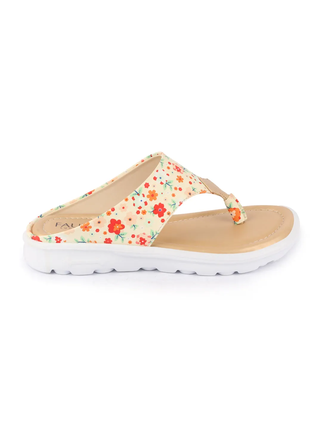 Women Beige Comfort Fashion Stylish Floral Print Design Strap Thong Flats Wedges Slipper