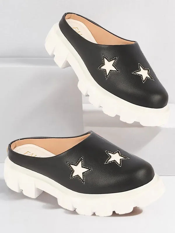 Women Black Laser Cut Star Open Back Height Enhancer Slip On Casual Shoes