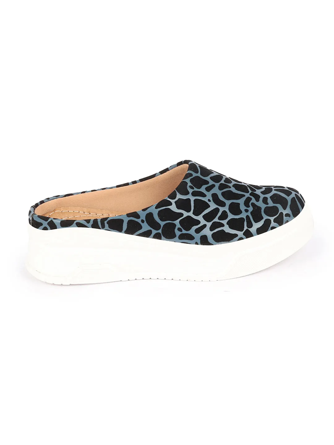 Women Blue Fashion Outdoor Leopard Print Height Enhancer Open Back Slip On Casual Shoes