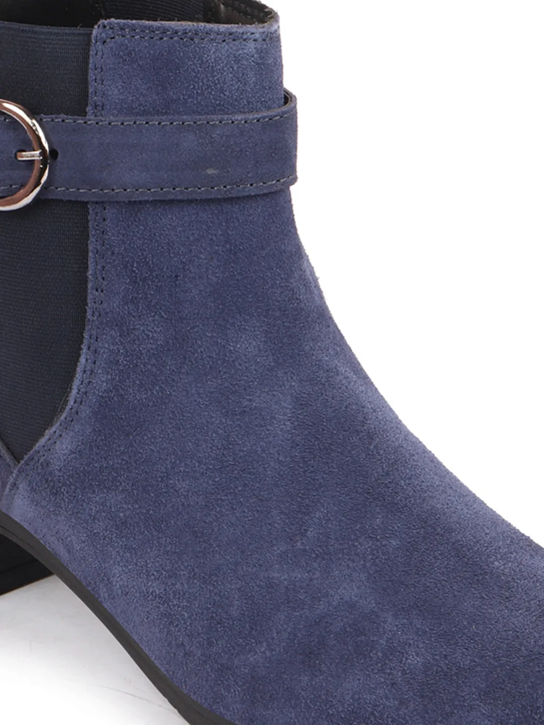 Women Navy Flared Heel High Ankle Suede Leather Classic Winter Buckle Strap Chelsea Boots