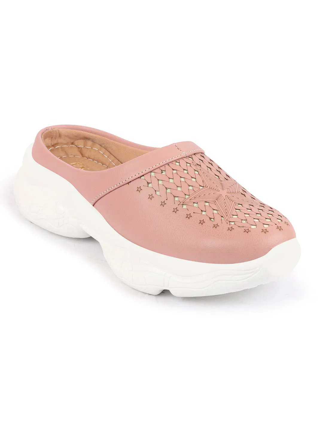 Women Peach Laser Cut Design Stitched Back Open Slip-On Mules Shoes