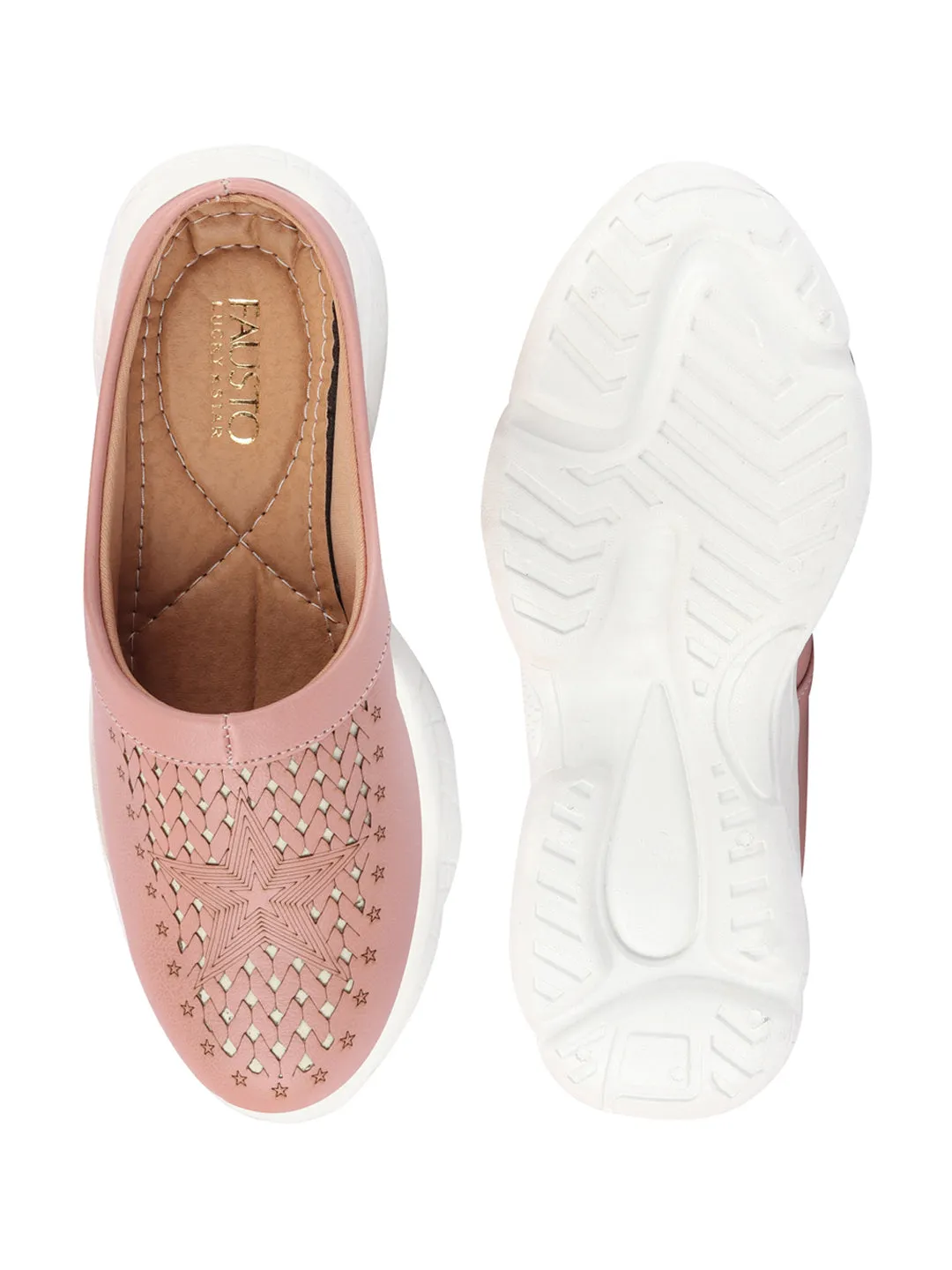 Women Peach Laser Cut Design Stitched Back Open Slip-On Mules Shoes