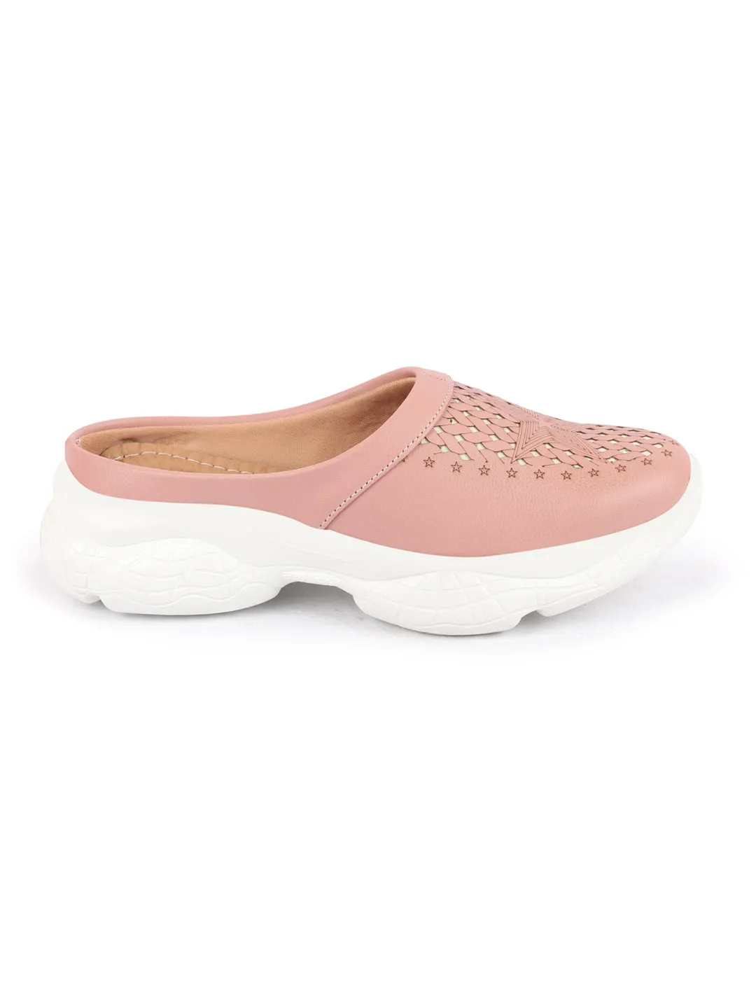 Women Peach Laser Cut Design Stitched Back Open Slip-On Mules Shoes