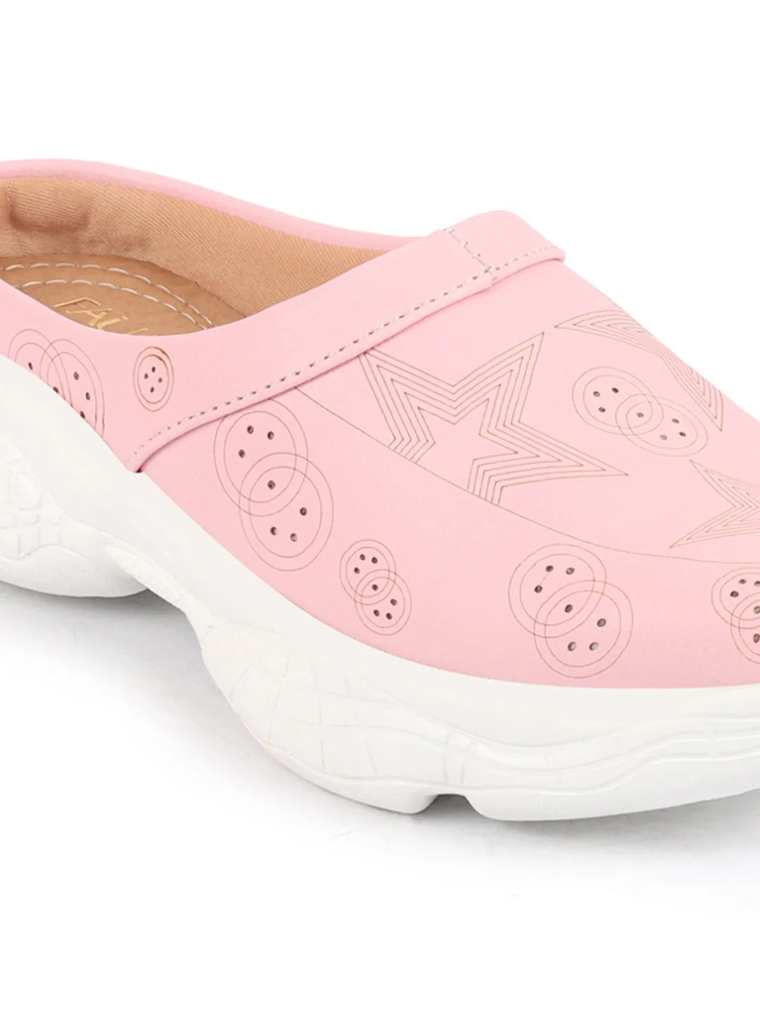 Women Pink Laser Cut Star Design Back Open Slip-On Mules Shoes