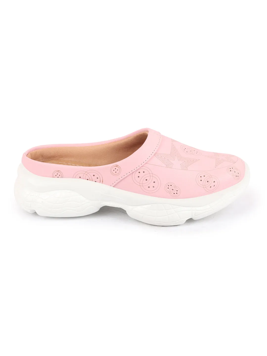 Women Pink Laser Cut Star Design Back Open Slip-On Mules Shoes