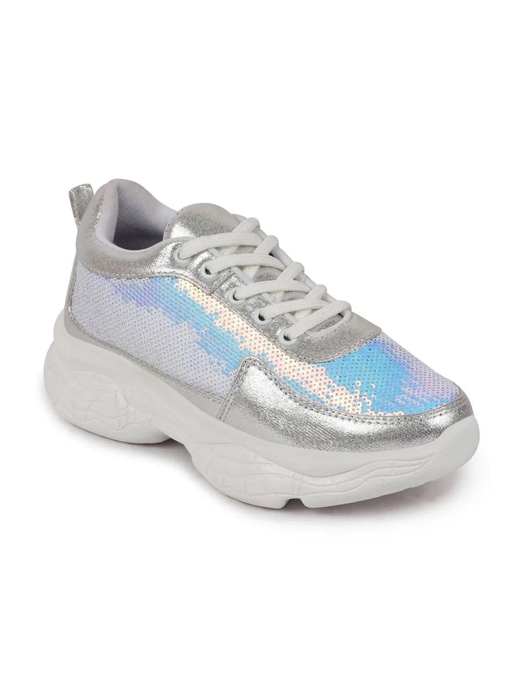 Women Silver Stylish Lace Up Embellished Sneakers