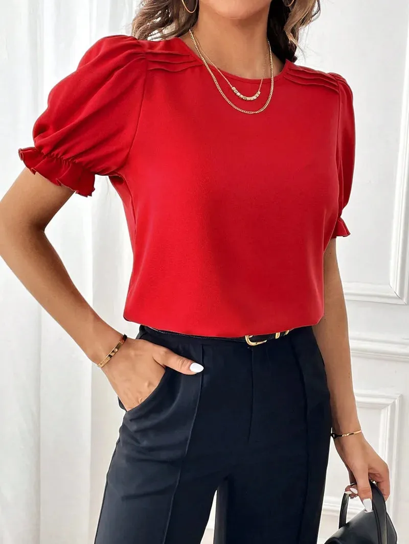 Women's Blouse 2024 Summer New Fashion Style Solid Color Round Neck Shirt Top Office Lady Elegant Bubble Sleeve Pullover Shirts