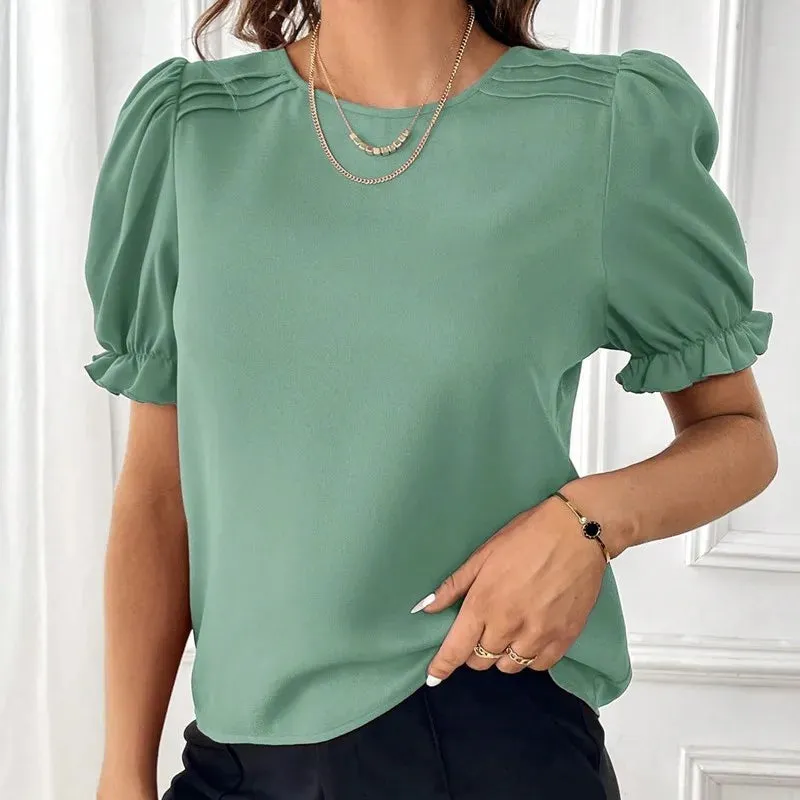 Women's Blouse 2024 Summer New Fashion Style Solid Color Round Neck Shirt Top Office Lady Elegant Bubble Sleeve Pullover Shirts