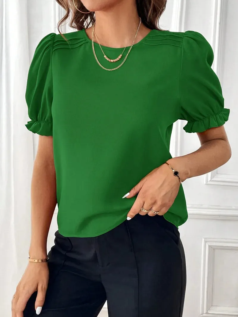 Women's Blouse 2024 Summer New Fashion Style Solid Color Round Neck Shirt Top Office Lady Elegant Bubble Sleeve Pullover Shirts