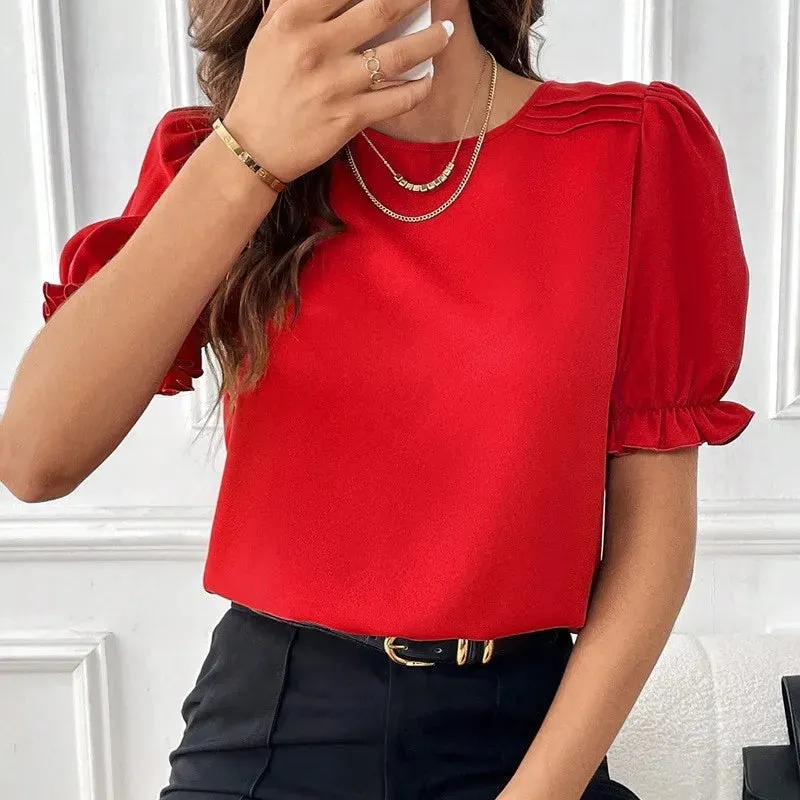 Women's Blouse 2024 Summer New Fashion Style Solid Color Round Neck Shirt Top Office Lady Elegant Bubble Sleeve Pullover Shirts