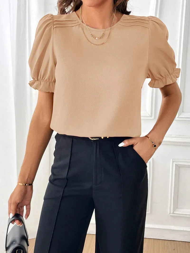 Women's Blouse 2024 Summer New Fashion Style Solid Color Round Neck Shirt Top Office Lady Elegant Bubble Sleeve Pullover Shirts