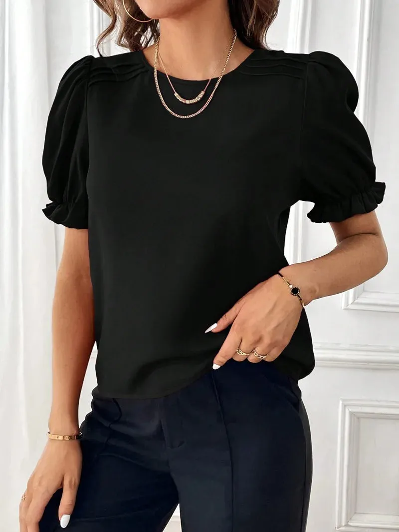 Women's Blouse 2024 Summer New Fashion Style Solid Color Round Neck Shirt Top Office Lady Elegant Bubble Sleeve Pullover Shirts