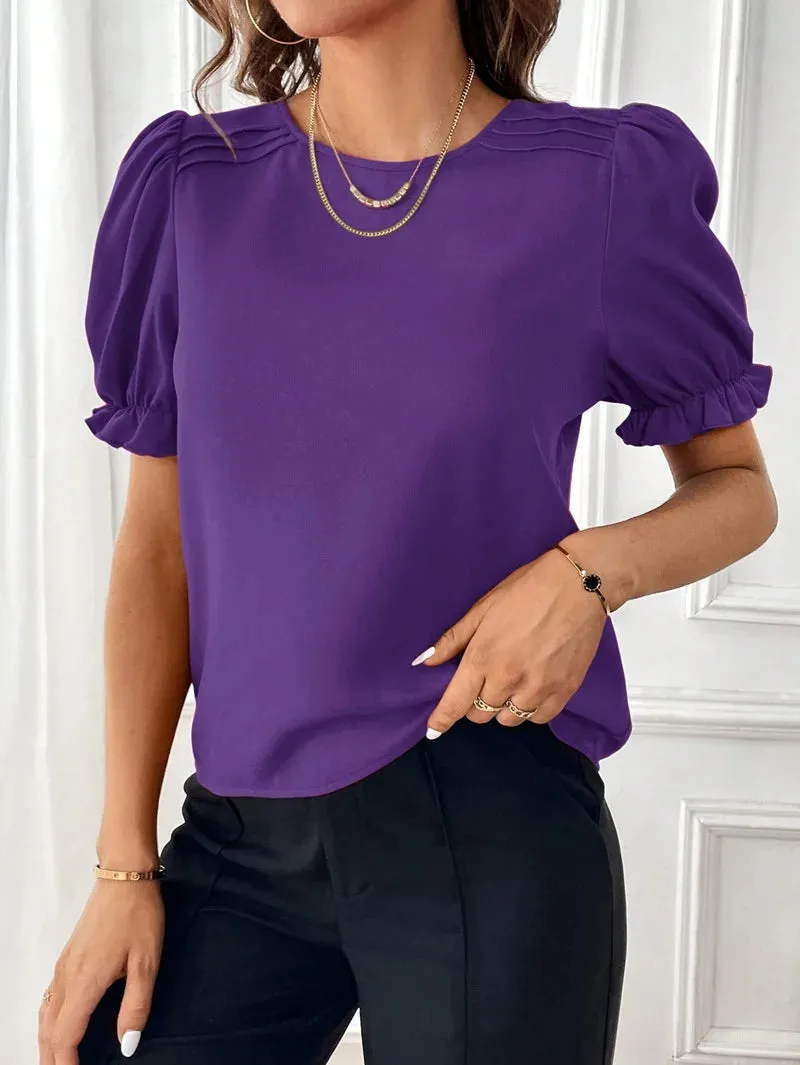 Women's Blouse 2024 Summer New Fashion Style Solid Color Round Neck Shirt Top Office Lady Elegant Bubble Sleeve Pullover Shirts