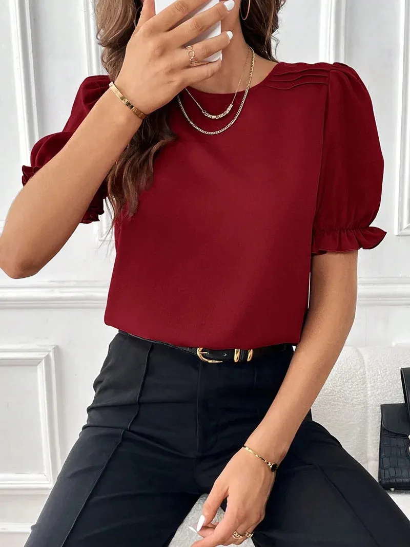 Women's Blouse 2024 Summer New Fashion Style Solid Color Round Neck Shirt Top Office Lady Elegant Bubble Sleeve Pullover Shirts