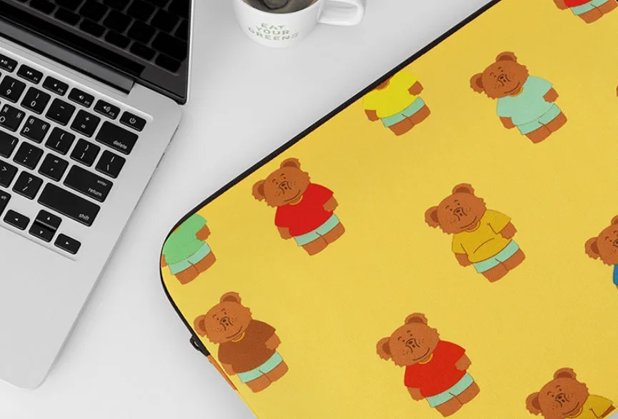 Yellow Bear Graphic Laptop Sleeves 13 15 inch Cases Protective Covers Handbags Square Pouches Designer Artist Prints Cute School Collage Office Lightweight